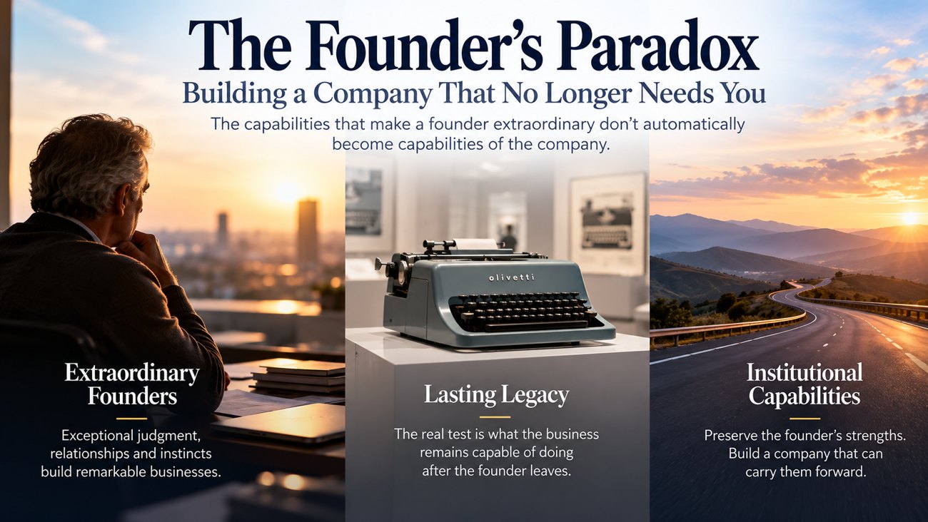Editorial illustration for The Founder’s Paradox: Building a Company That No Longer Needs You