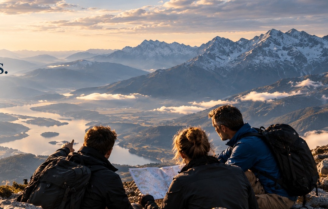Three hikers consulting a map as they evaluate routes across a mountain valley at sunrise